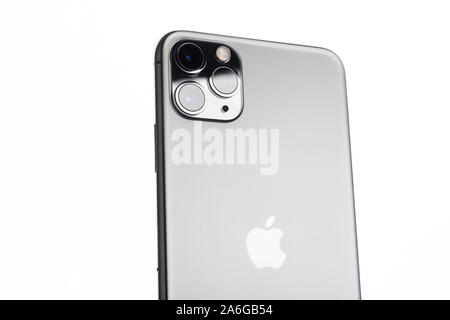 Minsk, Belarus - October, 26, 2019: Close-up of the rear view of the new iPhone 11 Pro Pro Max with triple-camera, Space Gray model Stock Photo