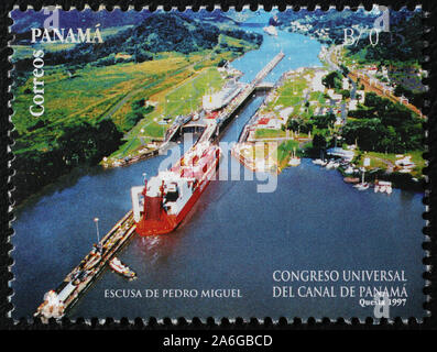 Aerial view of Panama canal on postage stamp Stock Photo