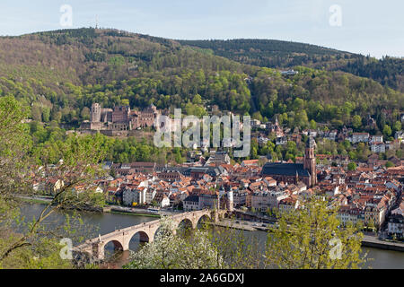 A panoramic view of the castle and the Old Bridge in Heidelberg, Germany. Stock Photo