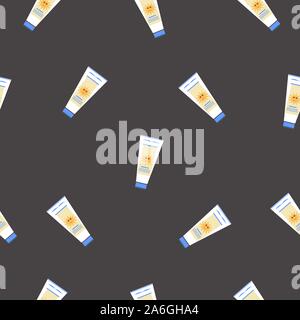 Seamless Pattern with sunscreen creams on black background. Vector Illustration Stock Vector