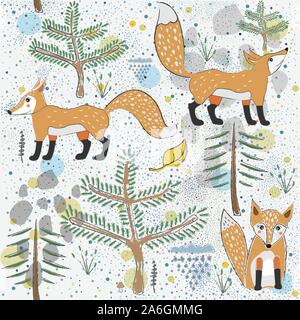 Seamless Pattern with cute Foxes. Scandinavian Style. Stock Vector