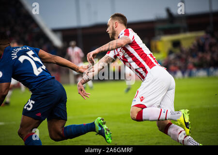 Marko Arnautovic battles Antonio Valencia for the ball at the BET365 Stadium, home of the Potters, Stoke City VS Manchester United Stock Photo