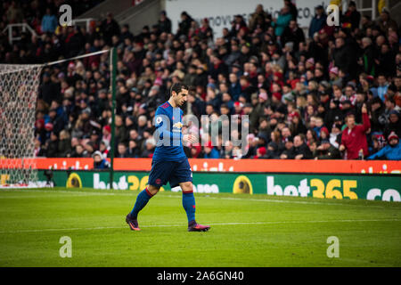 Henrikh Mkhitaryan plays for Manchester United against Stoke City Football Club at the BET365 stadium in a premier league match Stock Photo