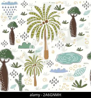 Seamless Pattern with Palms, baobabs, ponds. Scandinavian Style. Vector Illustration Stock Vector