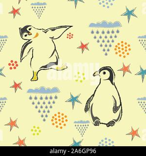 Seamless Pattern with Penguins. Scandinavian Style. Stock Vector