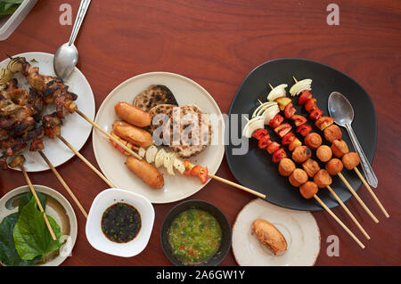 Top view of skewered meat barbecue in street market Stock Photo
