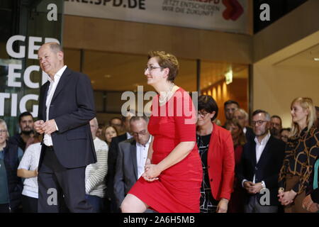 Berlin, Germany. 26th Oct, 2019. The SPD members elect Federal Finance Minister Olaf Scholz and Klara Geywitz just ahead of Norbert Walter-Borjans and Saskia Esken for the SPD presidency. The race for the SPD presidency goes into the runoff election in November: the two candidates will then be elected at the party congress. (Photo by Simone Kuhlmey/Pacific Press) Credit: Pacific Press Agency/Alamy Live News Stock Photo