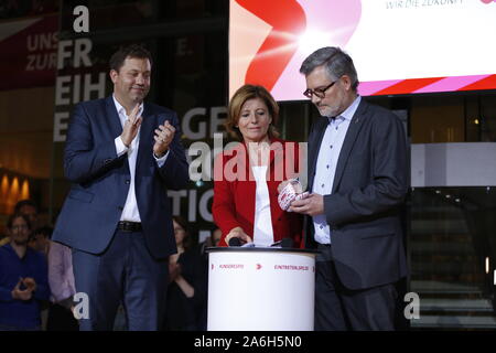 Berlin, Germany. 26th Oct, 2019. The SPD members elect Federal Finance Minister Olaf Scholz and Klara Geywitz just ahead of Norbert Walter-Borjans and Saskia Esken for the SPD presidency. The race for the SPD presidency goes into the runoff election in November: the two candidates will then be elected at the party congress. (Photo by Simone Kuhlmey/Pacific Press) Credit: Pacific Press Agency/Alamy Live News Stock Photo