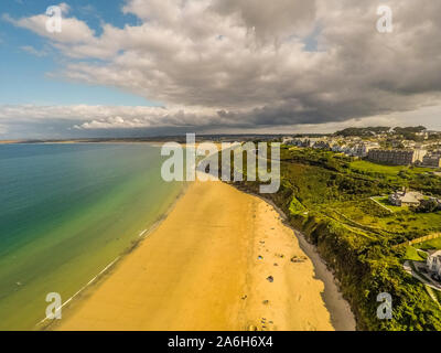 Amazing aerial, overhead view of a truly beautiful beach in St Ives, Penzance, Cornwall, Carbis Bay, tropical sea and clear water Stock Photo