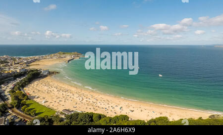 Amazing aerial, overhead view of a truly beautiful beach in St Ives, Penzance, Cornwall, Carbis Bay, tropical sea and clear water Stock Photo