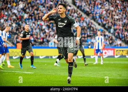 Berlin, Germany. 26th Oct, 2019. Benjamin Hubner of Hoffenheim celebrates his scoring during a German Bundesliga match between Hertha BSC and TSG 1899 Hoffenheim in Berlin, Germany, on Oct. 26, 2019. Credit: Kevin Voigt/Xinhua/Alamy Live News Stock Photo