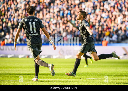 Berlin, Germany. 26th Oct, 2019. Andrej Kramaric (R) of Hoffenheim celebrates his scoring during a German Bundesliga match between Hertha BSC and TSG 1899 Hoffenheim in Berlin, Germany, on Oct. 26, 2019. Credit: Kevin Voigt/Xinhua/Alamy Live News Stock Photo