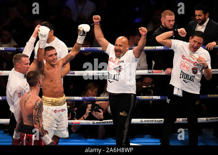 London, UK. 26th Oct, 2019. Lee Selby (3rd left) celebrates after winning match with Ricky Burns for the Lightweight Contest during under fight card of Regis Prograis vs Josh Taylor at The O2 Arena on Saturday, October 26, 2019 in LONDON UNITED KINGDOM. Credit: Taka G Wu/Alamy Live News Stock Photo