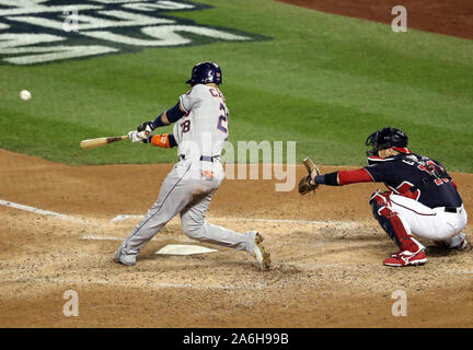 Washington, USA. 26th Oct, 2019. Houston Astros Robinson Chirinos homers during the 4th inning of Game 4 of the World Series at Nationals Park in Washington, DC on Friday, October 26, 2019. The Nationals lead the best-of-seven series 2-0. Photo by Mark AbrahamUPI Credit: UPI/Alamy Live News Stock Photo