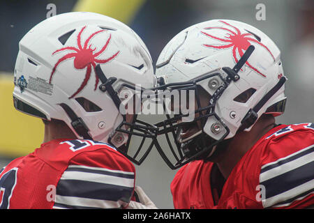 Newark, DE, USA. 26th Oct, 2019. Richmond quarterback JOE MANCUSO (12) celebrates with offensive linemen SEYOUM SETTEPANI (77) after rushing for a 9 yard touchdown during a week eight game between the #19 Delaware Blue Hens and the Richmond Spiders Saturday, Oct. 26, 2019, at Tubby Raymond Field at Delaware Stadium in Newark, DE. Credit: Saquan Stimpson/ZUMA Wire/Alamy Live News Stock Photo