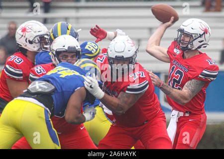 Newark, DE, USA. 26th Oct, 2019. Richmond quarterback JOE MANCUSO (12) attempts a pass during a week eight game between the #19 Delaware Blue Hens and the Richmond Spiders Saturday, Oct. 26, 2019, at Tubby Raymond Field at Delaware Stadium in Newark, DE. Credit: Saquan Stimpson/ZUMA Wire/Alamy Live News Stock Photo