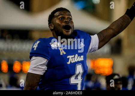 Tulsa, OK, USA. 26th Oct, 2019. Tulsa Wide Receiver JARION ANDERSON (4) reacts to a big play by the Tulsa Golden Hurrincanes during the Tulsa vs Memphis game on Oct 26th, 2019 at H.A Chapman Stadium in Tulsa, OK. Credit: Shane Cossey/ZUMA Wire/Alamy Live News Stock Photo