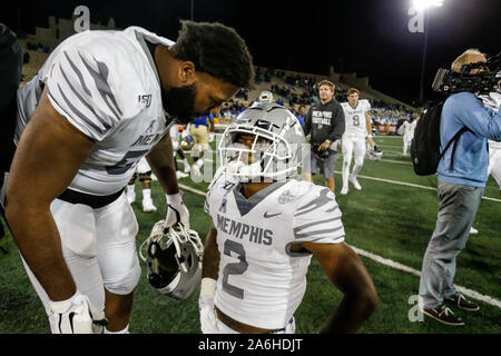 Tulsa, OK, USA. 26th Oct, 2019. Memphis player J'LEN SMITH (54) consoles teammate TJ CARTER (2) after the Tulsa vs Memphis game on Oct 26th, 2019 at H.A Chapman Stadium in Tulsa, OK. Credit: Shane Cossey/ZUMA Wire/Alamy Live News Stock Photo