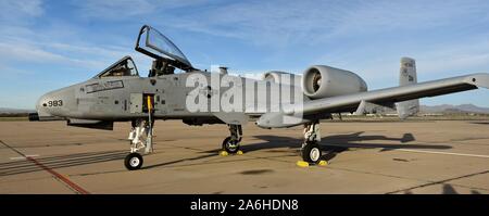 Tucson, USA - March 2, 2018: An Air Force A-10 Warthog/Thunderbolt II attack jet with an open canopy at Davis Monthan Air Force Base. Stock Photo