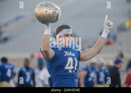 Tulsa, OK, USA. 26th Oct, 2019. Tulsa Wide Receiver ANDREW MCKINNIS (41) hypes up his team during pregame of the Tulsa vs Memphis game on Oct 26th, 2019 at H.A Chapman Stadium in Tulsa, OK. Credit: Shane Cossey/ZUMA Wire/Alamy Live News Stock Photo