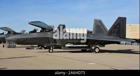 Tucson, USA - March 2, 2018: An Air Force F-22 Raptor fighter jet with the canopy up at Davis-Monthan Air Force Base. Stock Photo