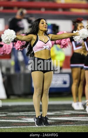 Las Vegas, NV, USA. 26th Oct, 2019. A UNLV Rebels cheerleader performs for the crowd prior to the start of the NCAA Football game featuring the San Diego State Aztecs and the UNLV Rebels at Sam Boyd Stadium in Las Vegas, NV. Christopher Trim/CSM/Alamy Live News Stock Photo