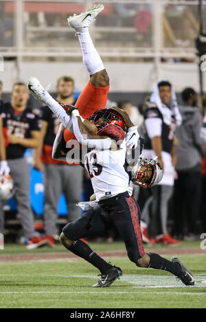 October 26, 2019: San Diego State Aztecs cornerback Darren Hall (23) upends a UNLV Rebels receiver during the NCAA Football game featuring the San Diego State Aztecs and the UNLV Rebels at Sam Boyd Stadium in Las Vegas, NV. The San Diego State Aztecs lead the UNLV Rebels at halftime 17 to 7. Christopher Trim/CSM Stock Photo