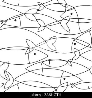 fish seamless pattern, vector sketch doodle line animal print for textile, wrapping paper, black and white pattern, marine wallpaper Stock Vector