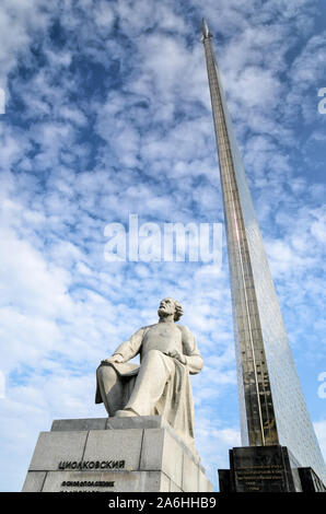 MOSCOW, RUSSIA - AUGUST 10 2014: Monument to Tsiolkovsky at VDNH with a rocket going into the blue sky Stock Photo