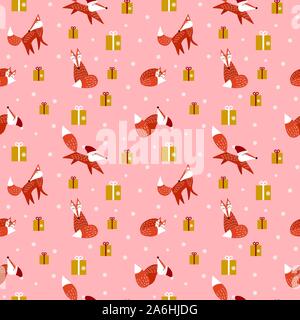 Christmas seamless pattern with red foxes and presents on pink background. Woodland animals in scandinavian style. Vector illustartion. Stock Vector