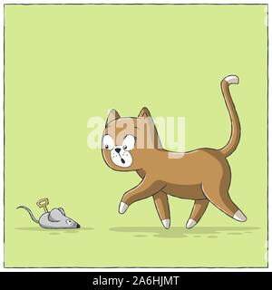 Cat finds toy mouse. Hand drawn vector illustration with separate layers. Stock Vector