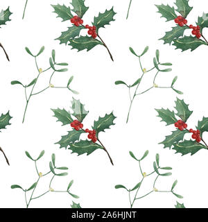 Seamless Pattern Of Mistletoe Evergreen Branches, Leaves And White 