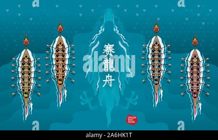 Top view of a vector of a rowing dragon boat, and a huge dragon hidden beneath the water. Stock Vector