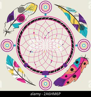 Decorative colorful ornaments with stylized feathers pattern. Stock Vector