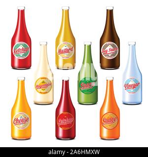 Pack of ketchup, vinegar, mustard, soy, cheese and mayonnaise sauce bottles Stock Vector