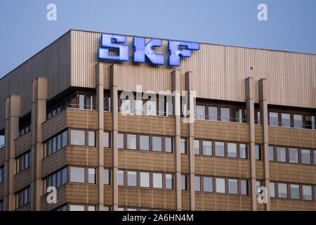 SKF logo on the headquarter building in Gothenburg.SKF (Svenska Kullagerfabriken; 'Swedish Ball Bearing Factory') is a leading bearing and seal manufacturing company founded in 1907 in Gothenburg. The company manufactures and supplies bearings, seals, lubrication and lubrication systems, maintenance products, power transmission products, condition monitoring systems and related services globally. Stock Photo