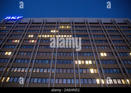 SKF logo on the headquarter building in Gothenburg.SKF (Svenska Kullagerfabriken; 'Swedish Ball Bearing Factory') is a leading bearing and seal manufacturing company founded in 1907 in Gothenburg. The company manufactures and supplies bearings, seals, lubrication and lubrication systems, maintenance products, power transmission products, condition monitoring systems and related services globally. Stock Photo