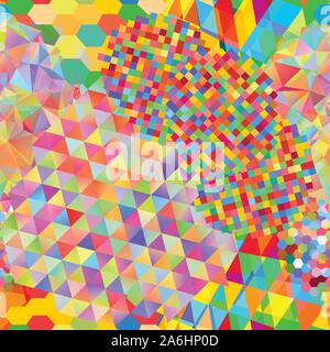 Seamless pattern with gainbow colored glitch styled bright messy shapes Stock Vector