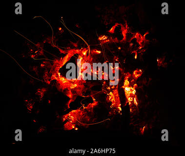 Glowing hot coals in bonfire close up background texture Stock Photo