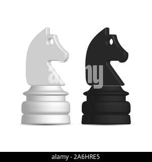 Photo realistic black and white chess piece knight. Front wiev, vector illustration. Stock Vector