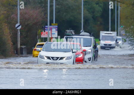 26th October 2019, Castleford,West Yorkshire,UK   Motorists risk driving through Barnsdale Road floods after 24 hours of heavy rainfall. Stock Photo