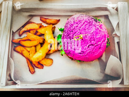 pink burger vegan fast food meal box high angle view of vegetarian with fries from above Stock Photo