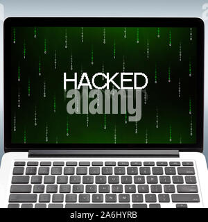 Laptop with inscription hacked and binary digits on screen Stock Photo