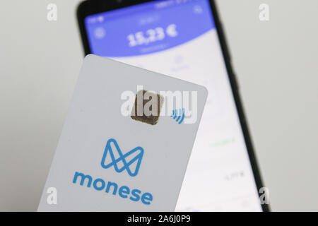 Monese Mastercard contactless card and Android smartphone application (Monese app) is seen in Gdansk, Polandon 24 July 2019 Monese in Poland reached 30.000 active users. Monese offers Euro and GBP accounts, cards, currency exchange in few plans inc. free. © Michal Fludra / Alamy Live News Stock Photo