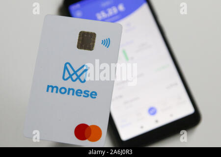 Monese Mastercard contactless card and Android smartphone application (Monese app) is seen in Gdansk, Polandon 24 July 2019 Monese in Poland reached 30.000 active users. Monese offers Euro and GBP accounts, cards, currency exchange in few plans inc. free. © Michal Fludra / Alamy Live News Stock Photo