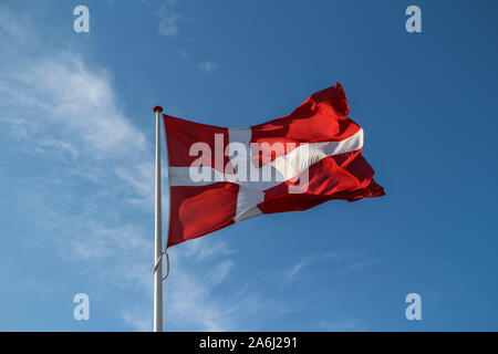 Big Denmark flag on the wind is seen in Hvide Sande, Denmark on 28 July 2019  © Michal Fludra / Alamy Live News Stock Photo