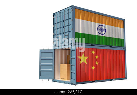 Two freight container with India and China flag. Isolated on white - 3D Rendering Stock Photo