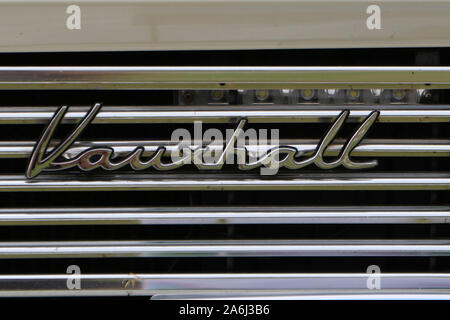Vauxhall Cresta logo is seen during the every Monday retro cars owners meeting on the public beach in Hevringholm, Denmark on 29 July 2019  © Michal Fludra / Alamy Live News Stock Photo