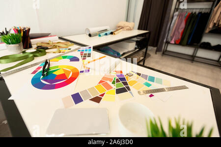 Clothing Designer's Workdesk Background With Sewing Tools, Selective Focus Stock Photo