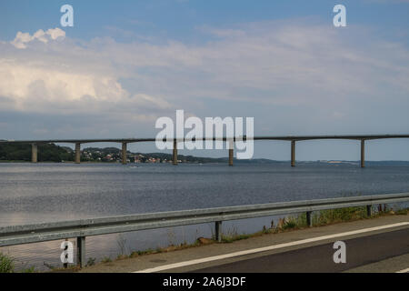 Vejle Fjord Bridge ( Vejlefjordbroen) is seen in Vejle , Denmark on 30 July 2019 The bridge over the Vejle Fiord is 1712 m long, the longest span is 110 m, and the maximum clearance to the sea is 40 m.  © Michal Fludra / Alamy Live News